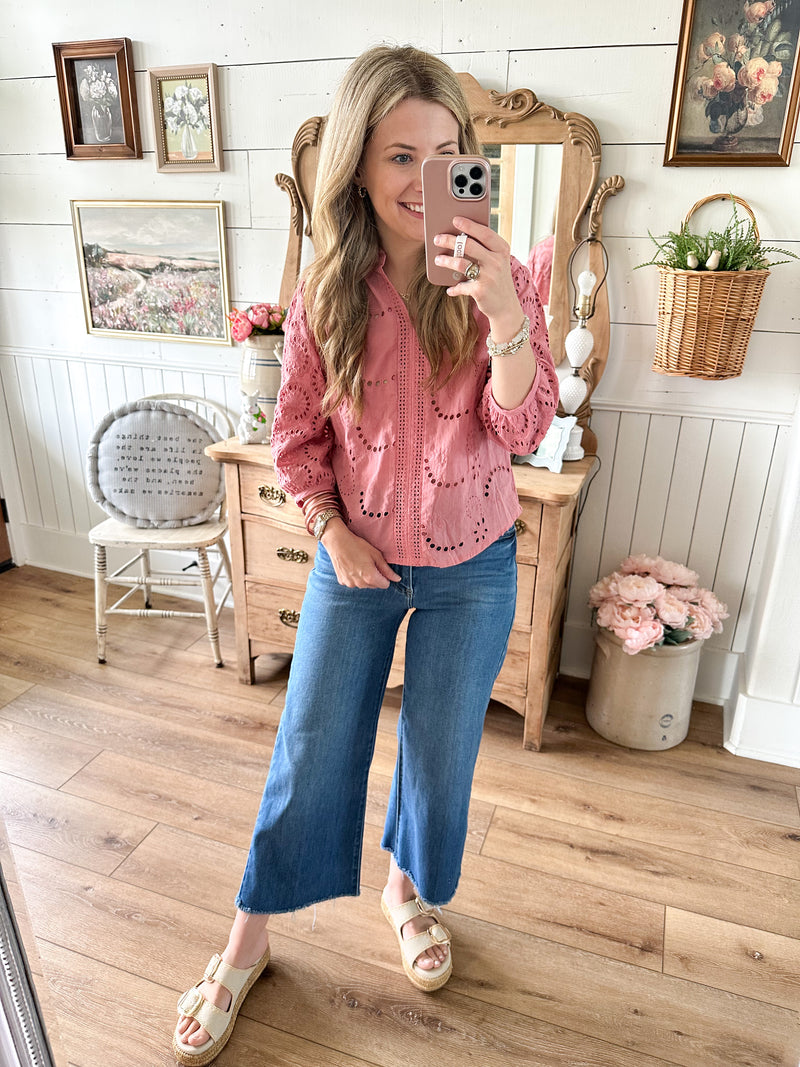 cherry pink eyelet lace 3 quarter sleeve top