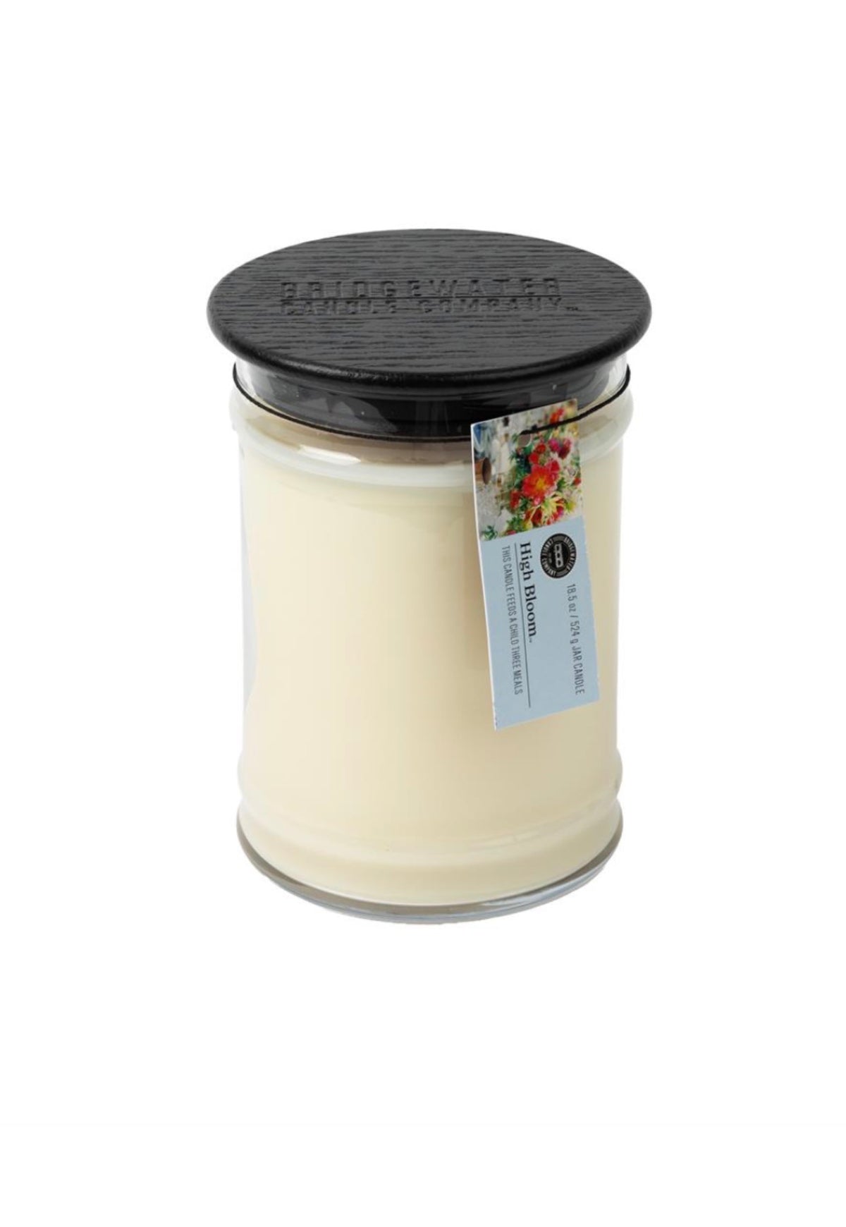 Jar candle with a black lid on a white background bridgewater candle high bloom
