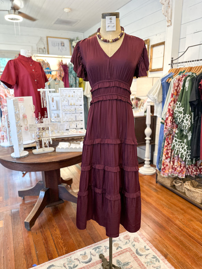 maroon silky soft tiered dress with short sleeves 