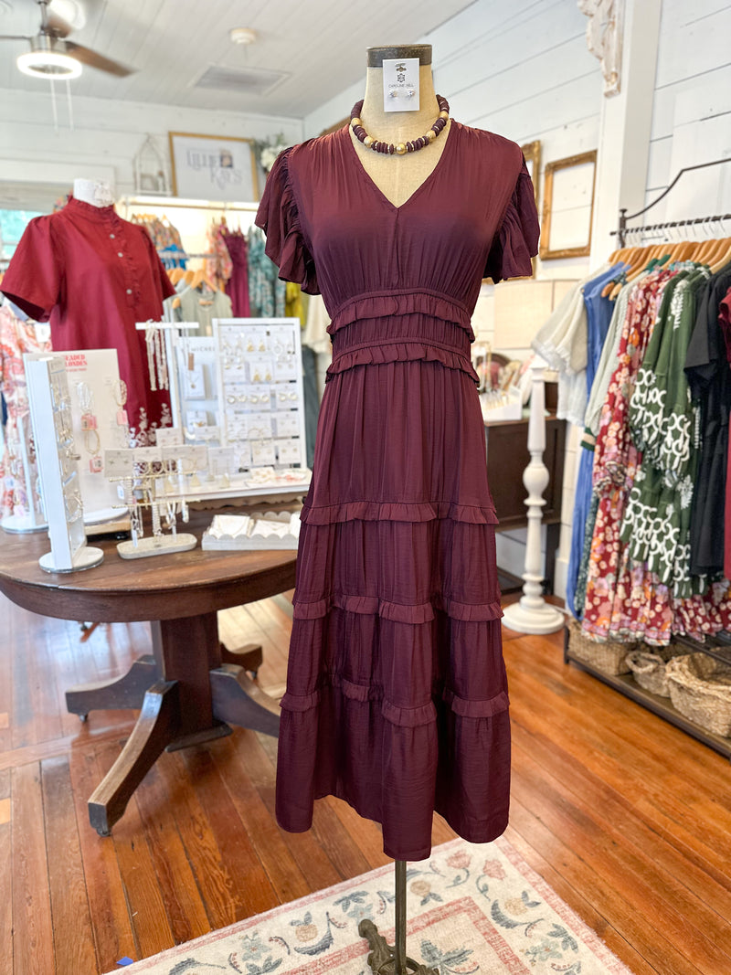 maroon silky soft tiered dress with short sleeves 