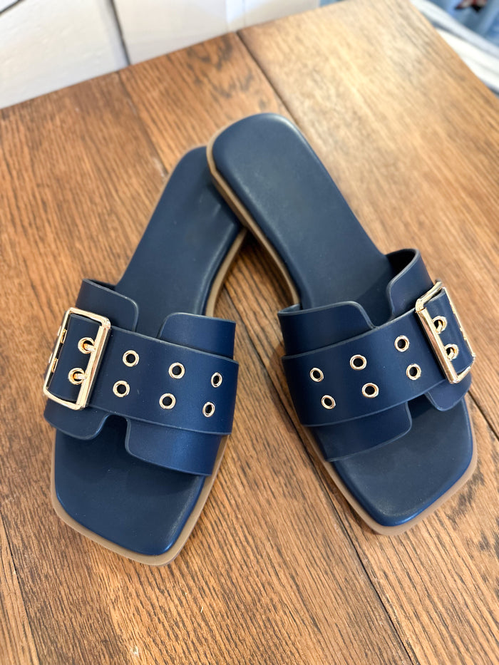 Pair of blue sandals with gold buckles on a wooden surface