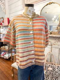 colorful stripe short sleeve cardigan top with buttons 

