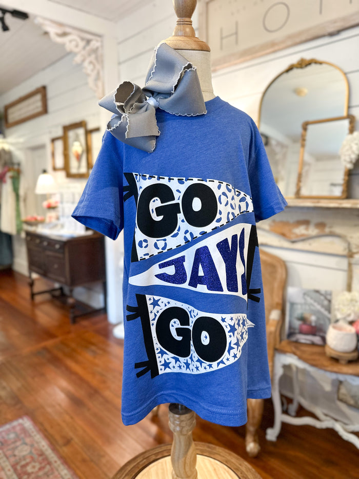 Blue t-shirt with 'GO JAYs GO' text on a mannequin in a store setting