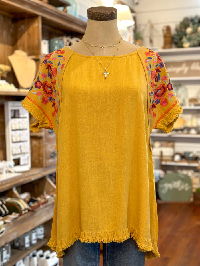 umgee yellow linen blend top with embroidered sleeves