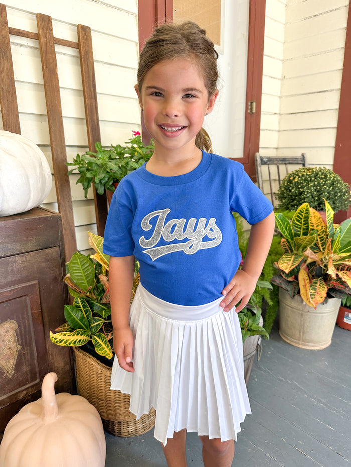 needville jays silver glitter tee on royal blue top 