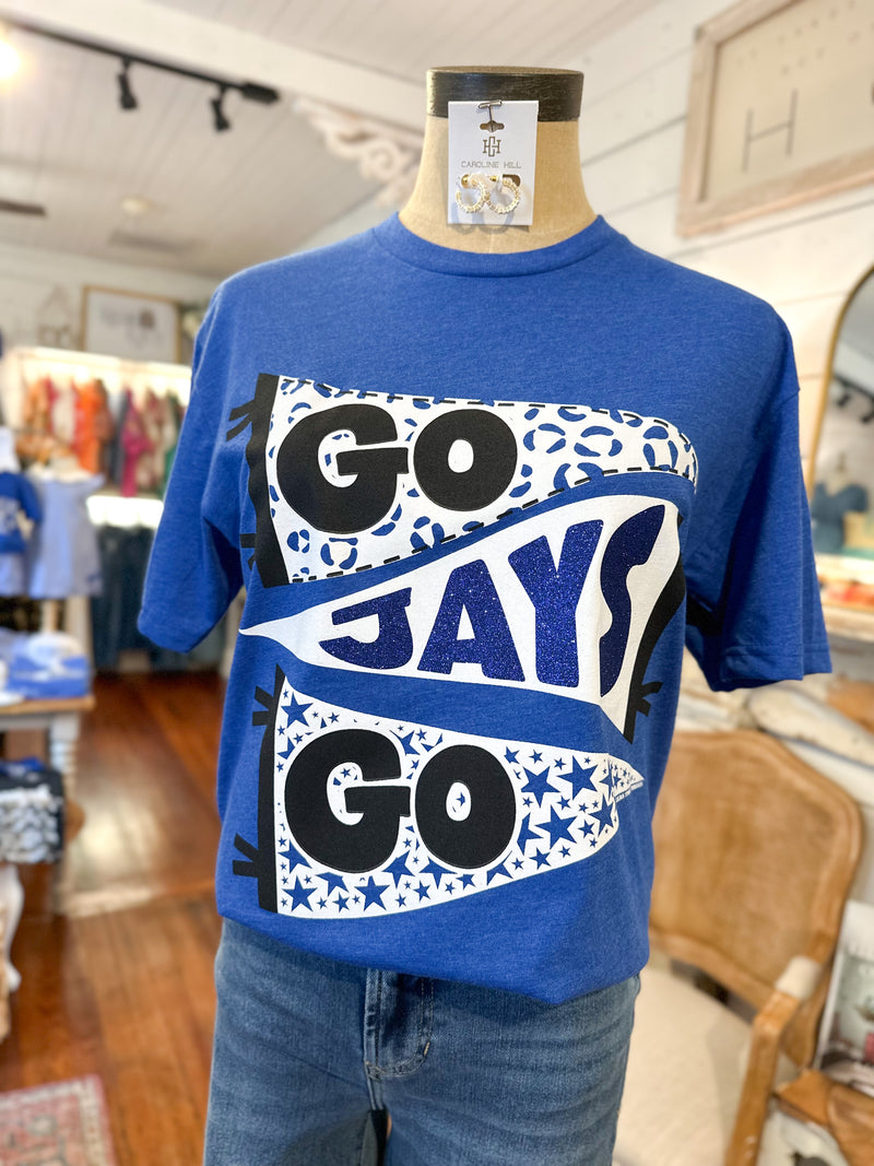Blue t-shirt with 'GO JAYS GO' text on a mannequin in a store setting.