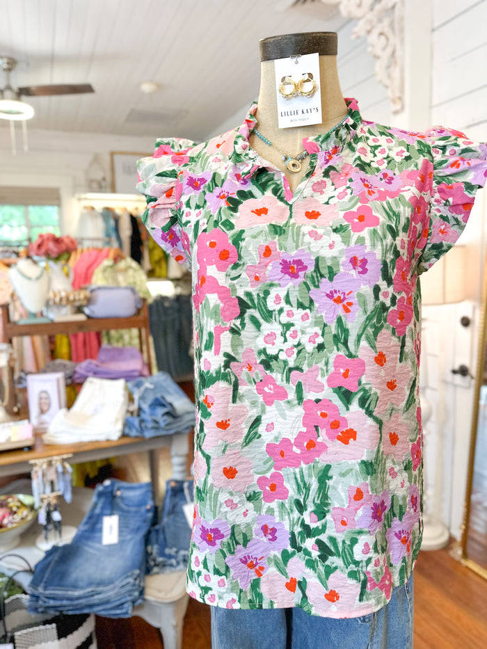 pink green floral flutter sleeve top
