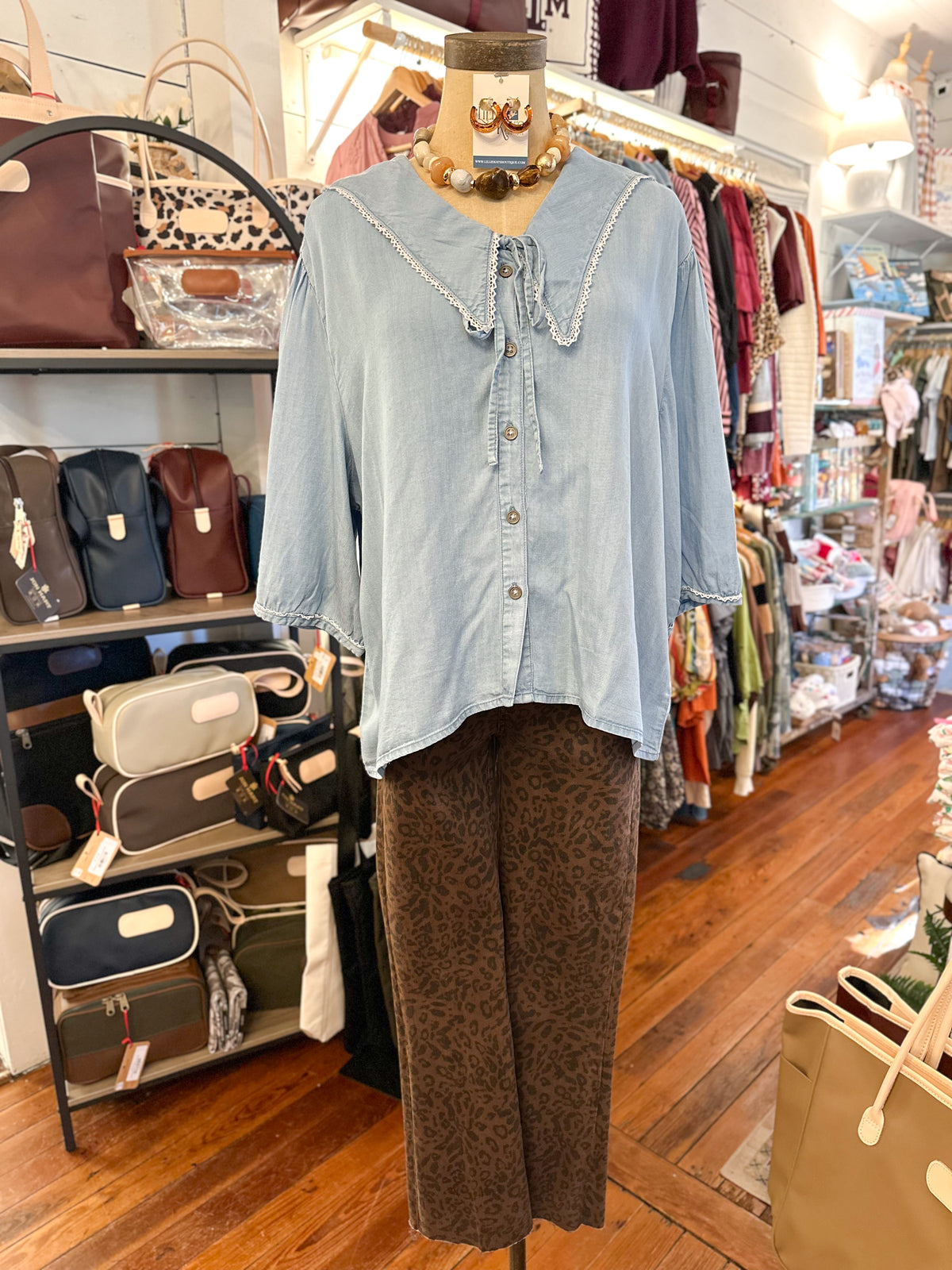 light wash peter pan collar blouse chambray with leopard dear john jeans 