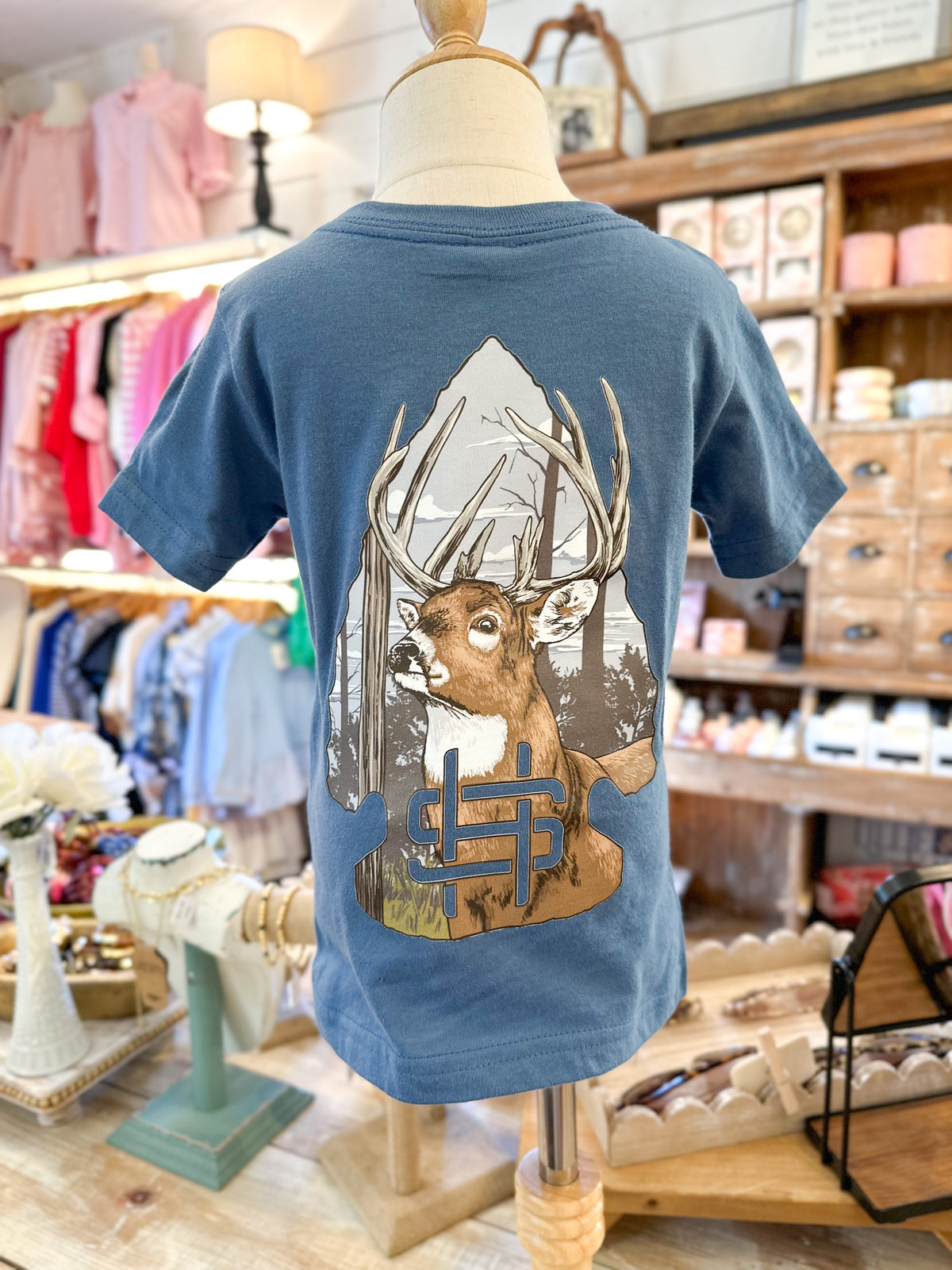 Blue kids tee with deer in back 