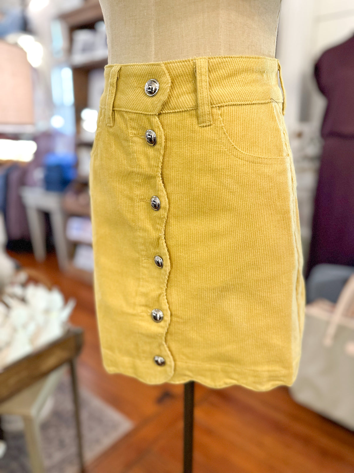 light mustard yellow skirt corduroy with silver buttons  