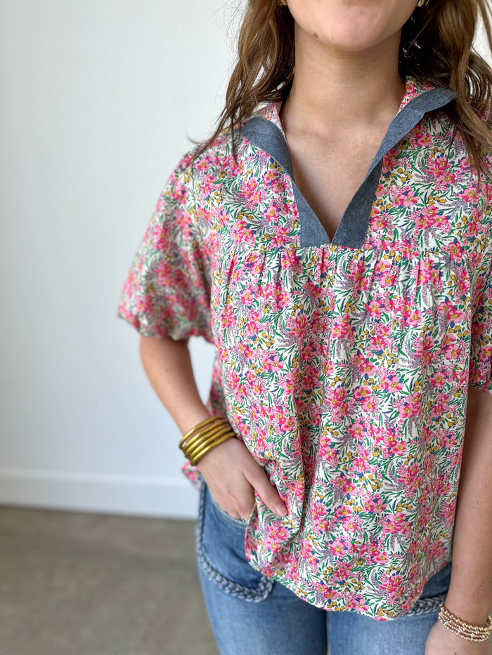 pink floral thml puff sleeve top