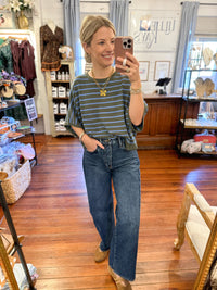 blue and green striped sweater top boxy relaxed fit 
