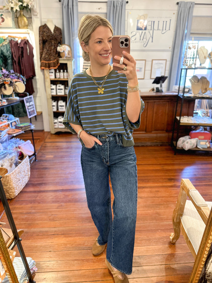 blue and green striped sweater top boxy relaxed fit 
