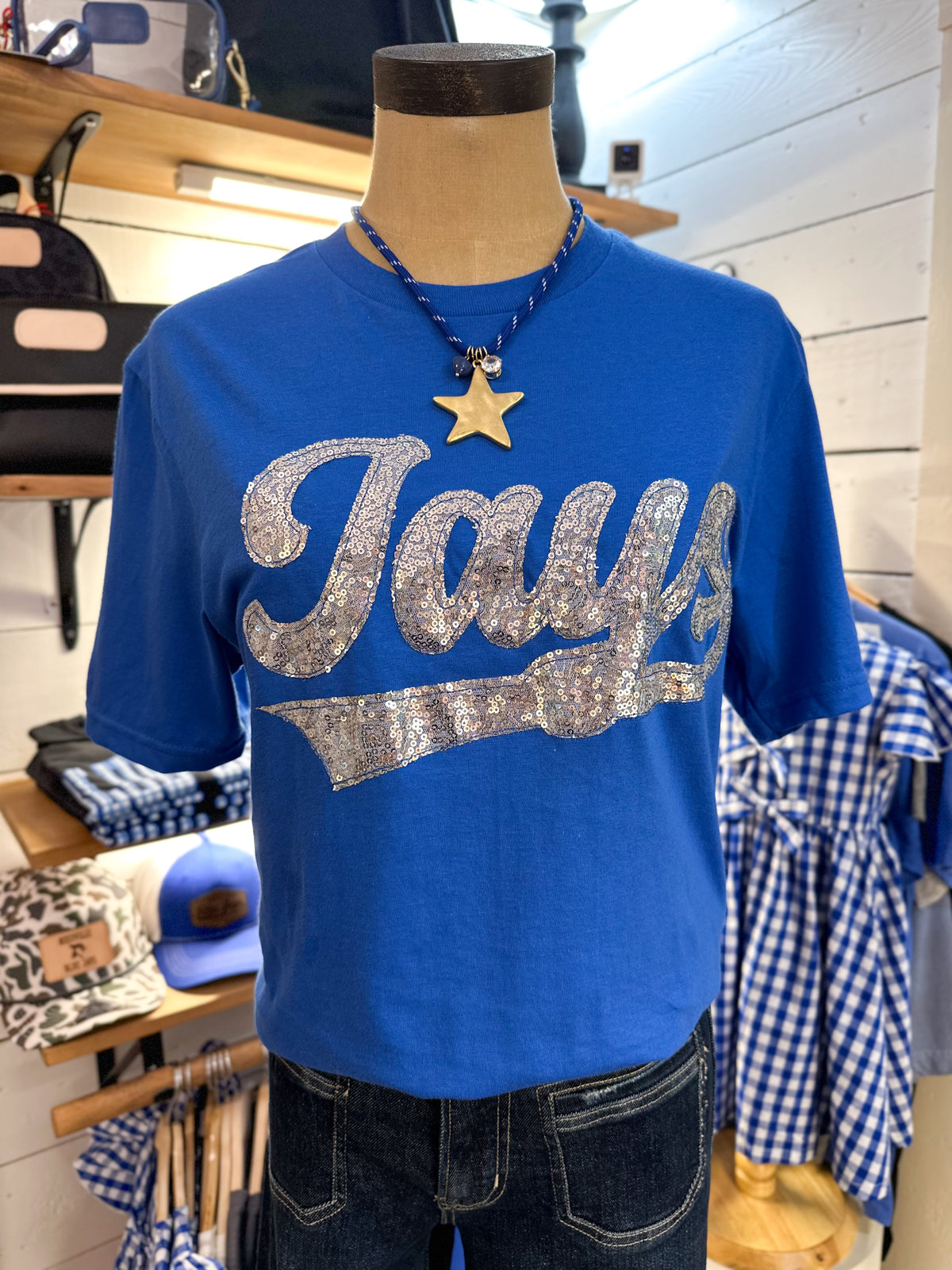 Needville jays spirit tee with silver glitter 