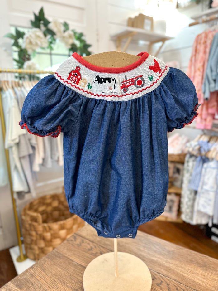 denim blue farm theme embroidered along collar line baby size 