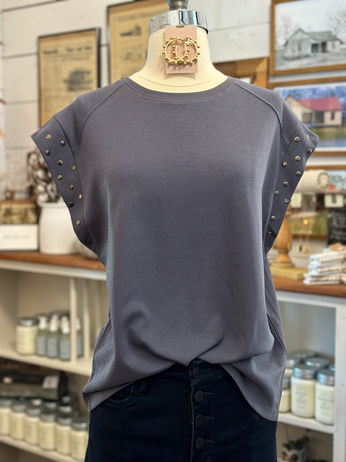 charcoal plus size basic top with bronze stud accent on sleeve
