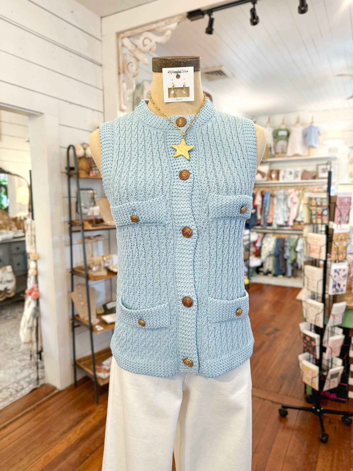 Light blue knitted vest with brown buttons on a mannequin in a store setting.