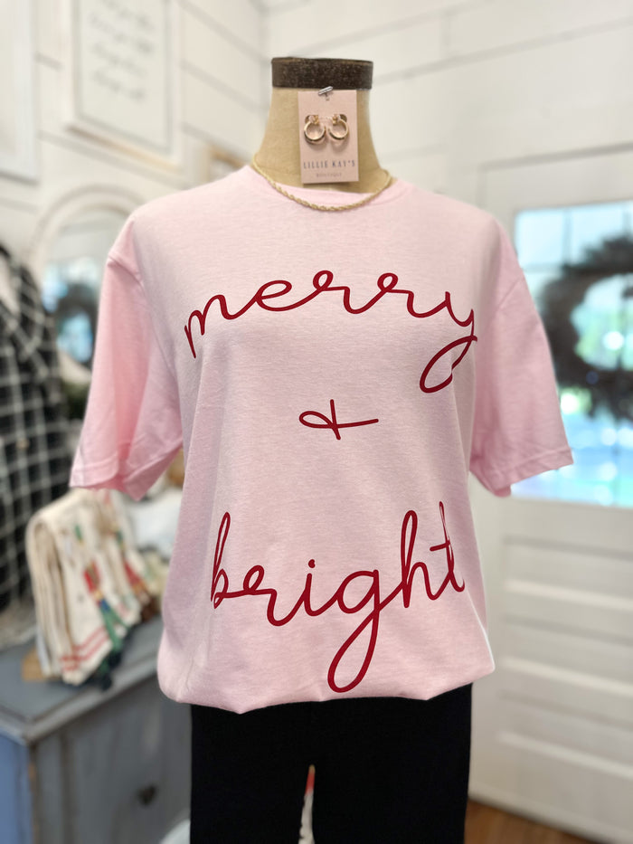 merry & bright tee on soft pink tshirt