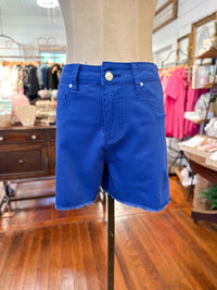 Blue shorts on a mannequin in a store setting