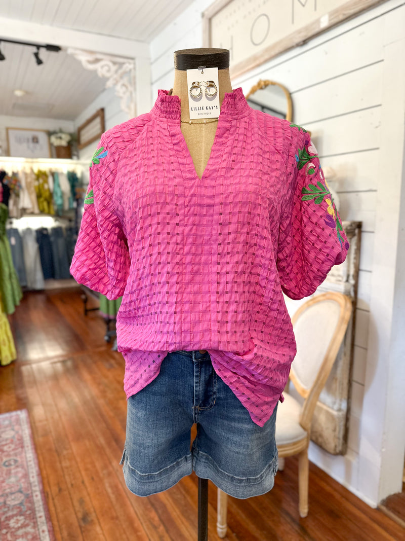 layerz clothing pink havana top embroidered sleeve
