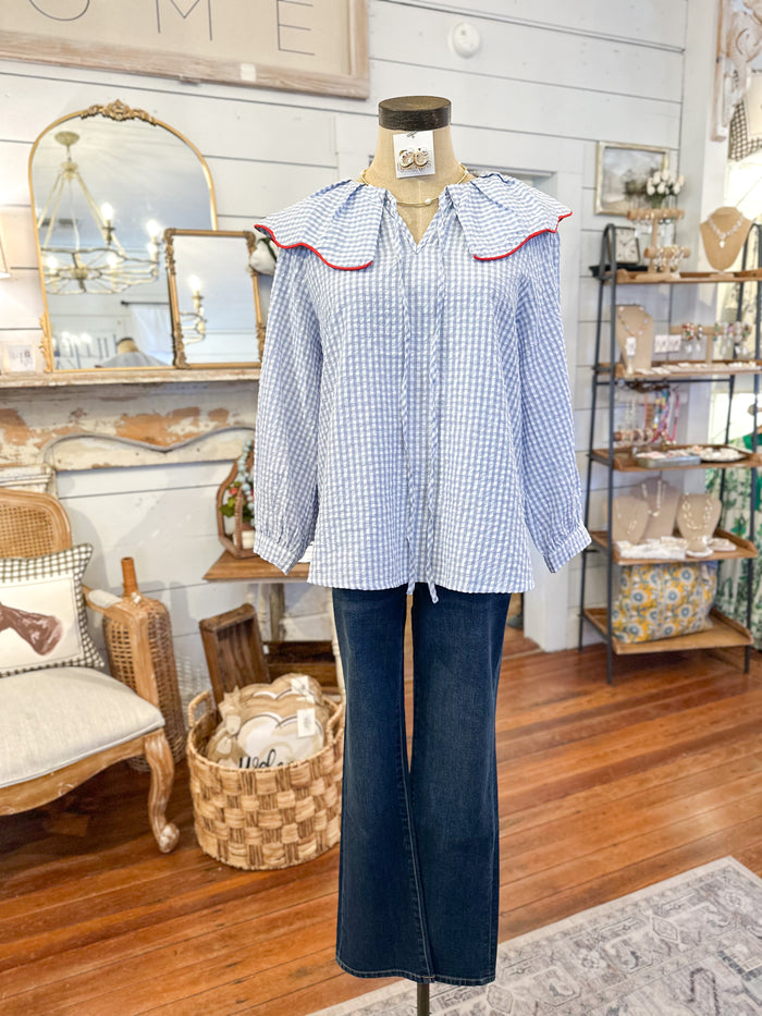 blue and white checkered top with jeans 