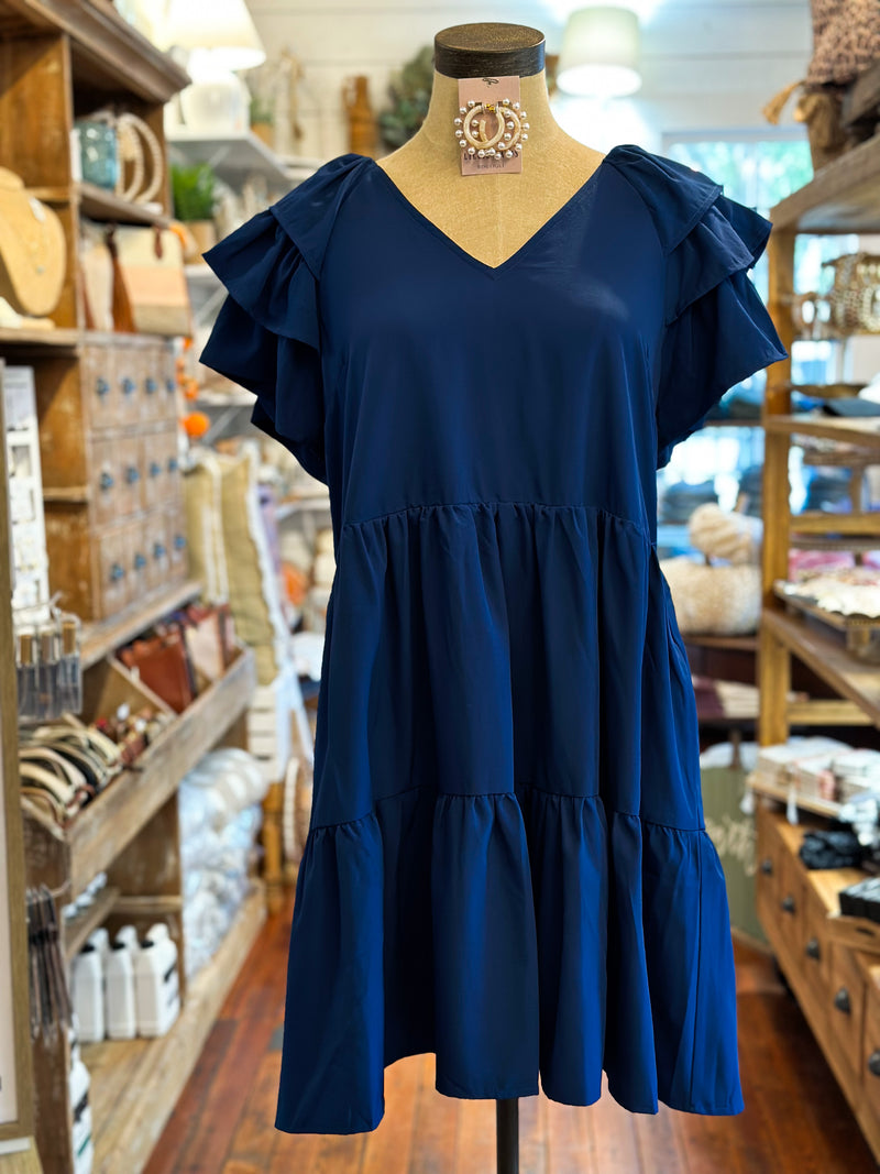 NAVY RUFFLE SLEEVE DRESS