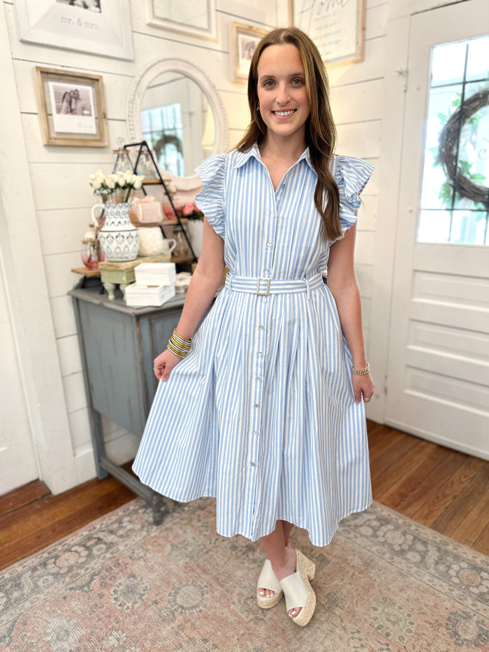 light blue stripe dress with ruffle sleeves