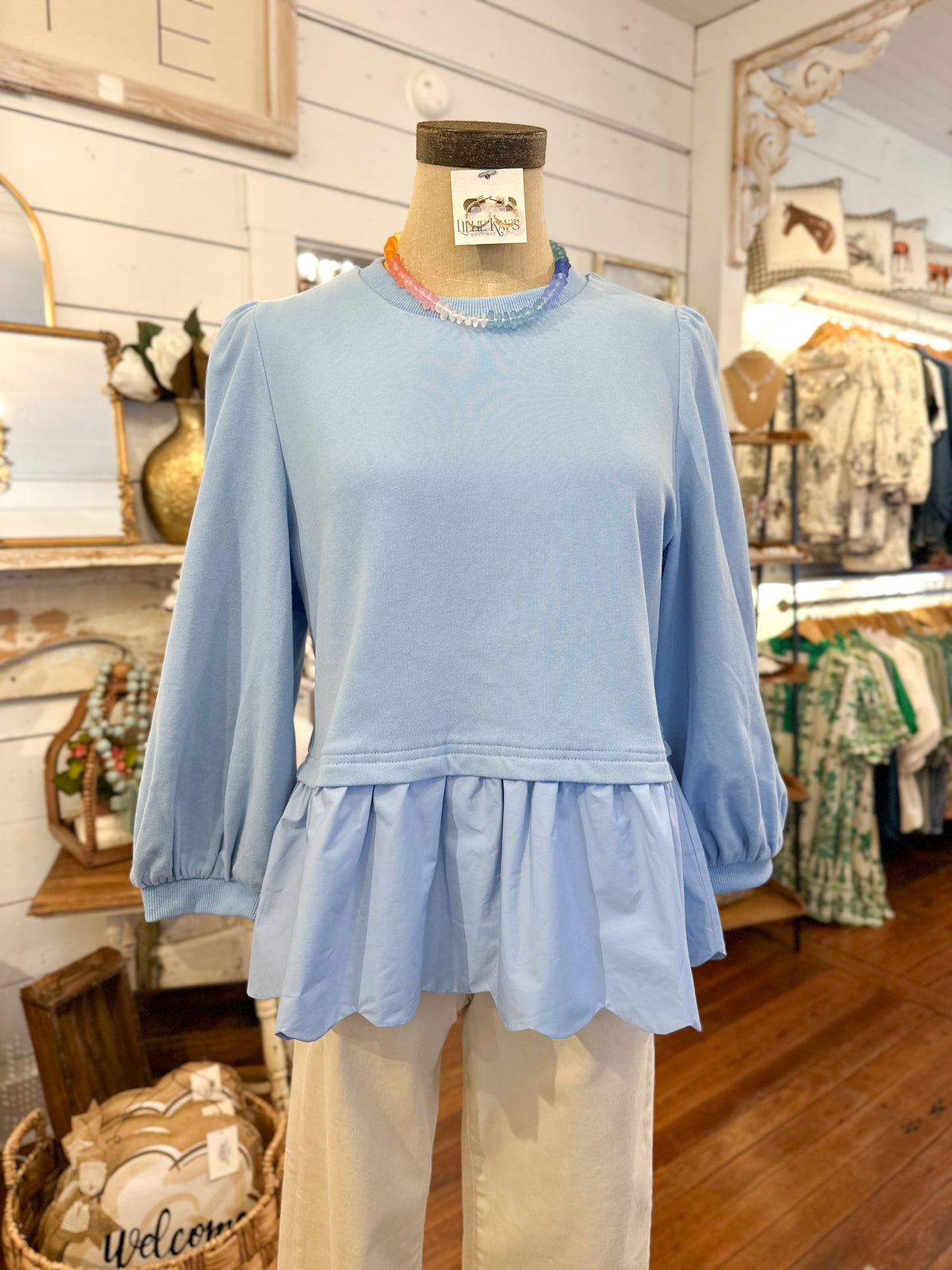 sky blue 2 different contrast top ruffle hem 