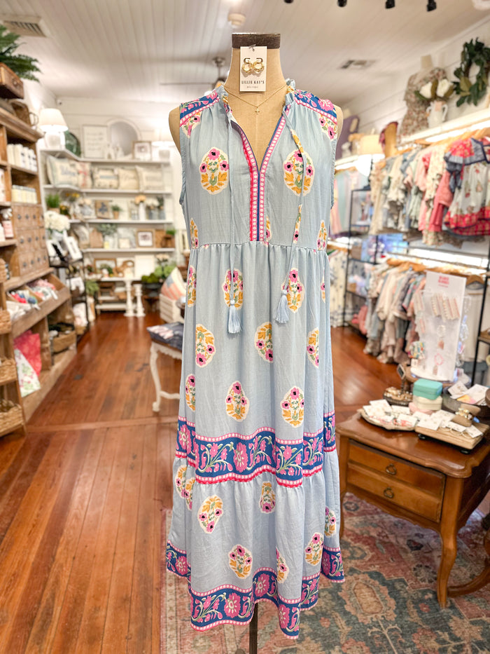 light blue floral sleeveless dress 