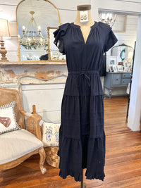 navy blue maxi dress with flutter sleeves 
