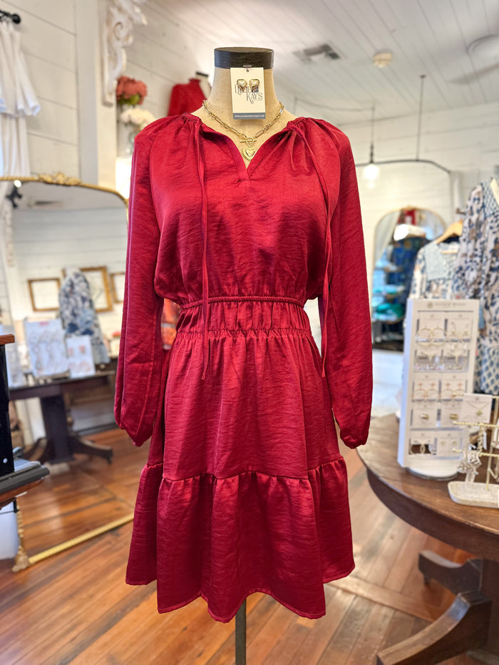 red satin like long sleeve dress with elastic around waist 