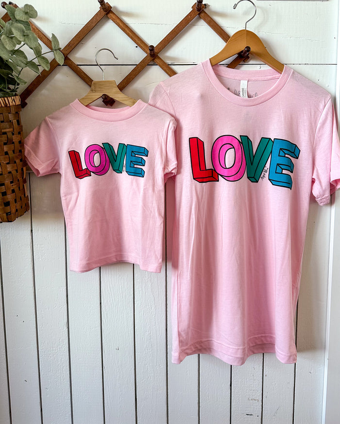 kid size youth color block letter tee in pink