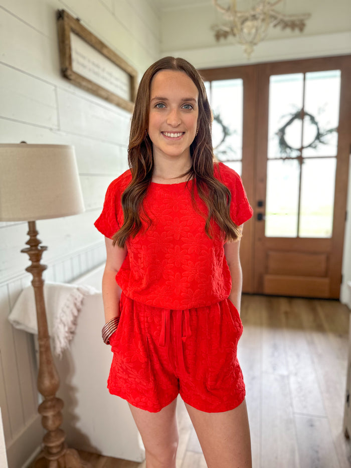 red flower terry cloth like romper