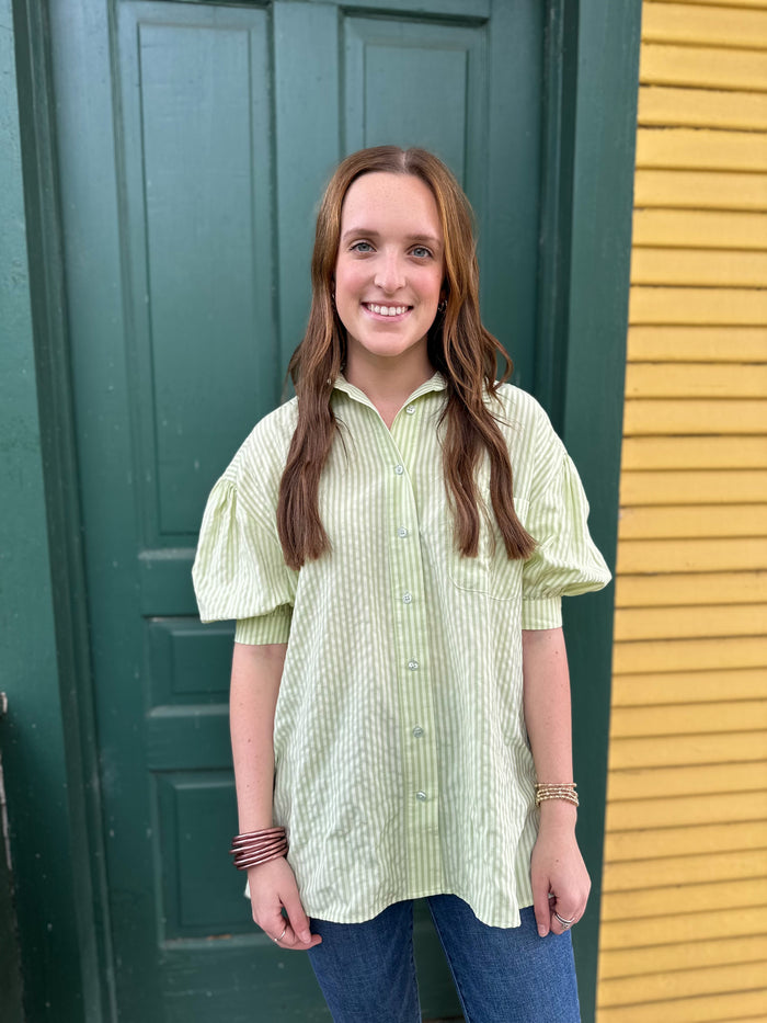 green stripe button down top with puff sleevs