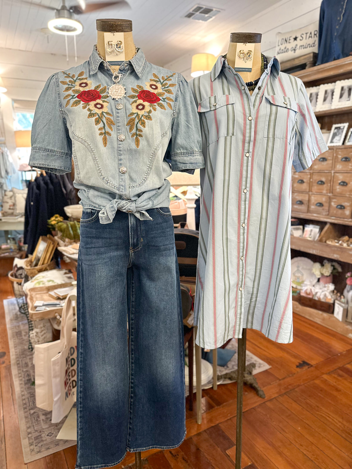 western style top and dress in store setting 