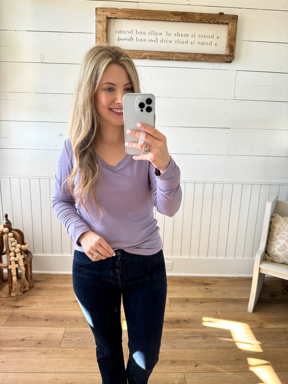 purple ribbed style v neck long sleeve top