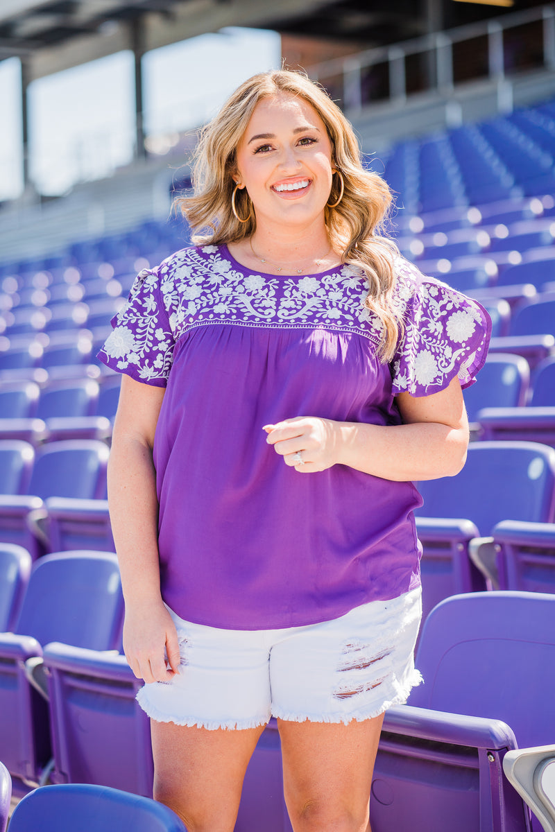 purple and white embroidery top from layerz clothing clark top