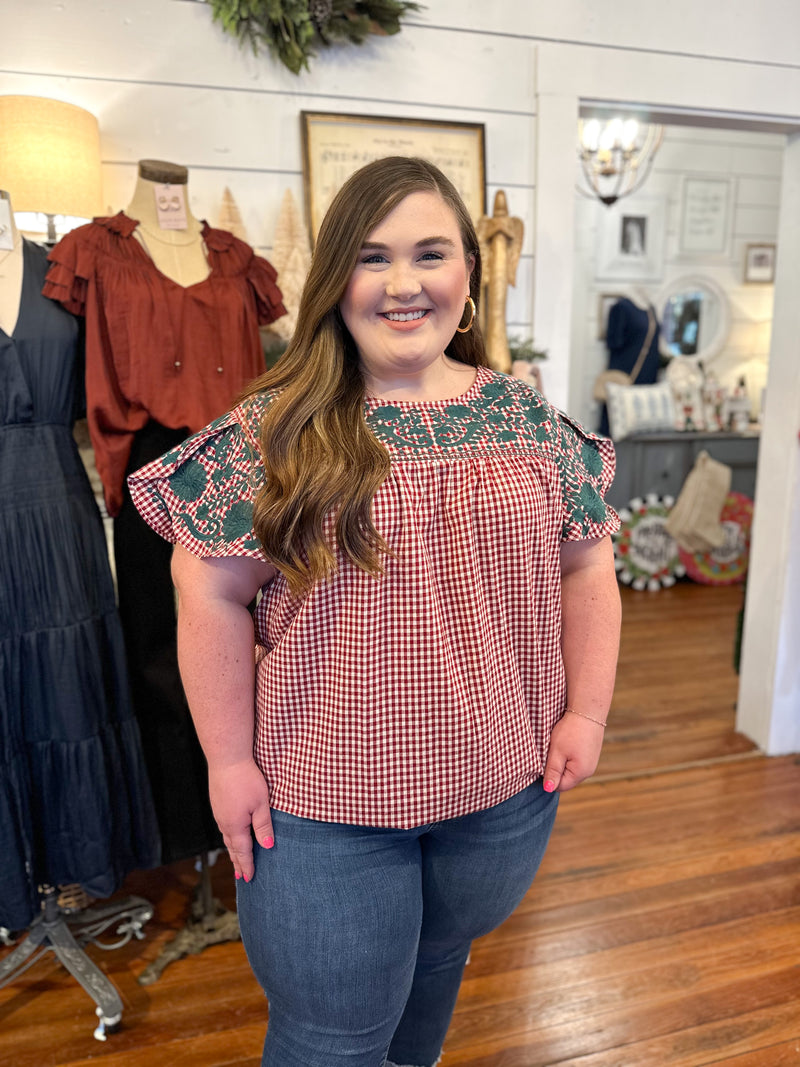 layerz clothing cadance top red checkered print with green embroidery details