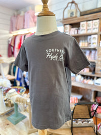 Dark grey kids tee with company logo on front 