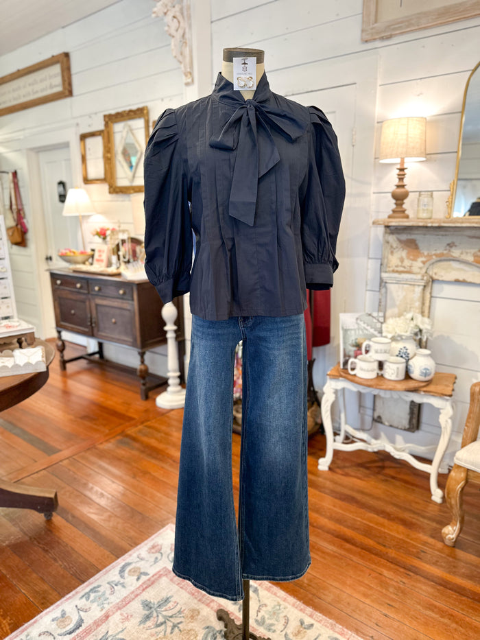 navy blue puff sleeve bow tie top 