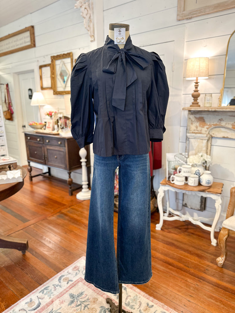navy blue puff sleeve bow tie top 