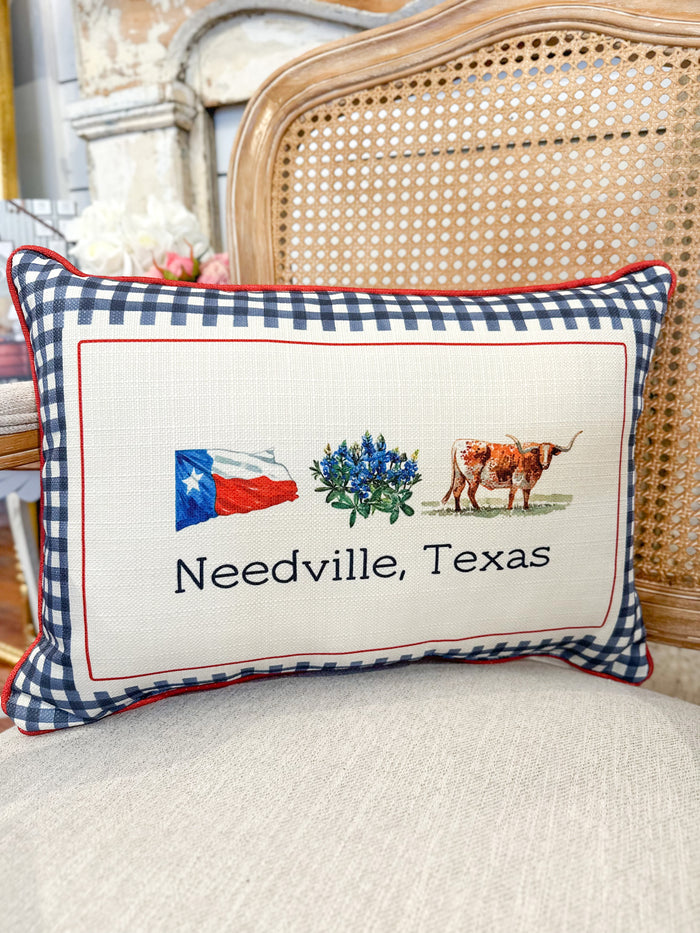 Decorative pillow with Texas-themed design featuring a flag, bluebonnets, and a longhorn cow on a checkered background.