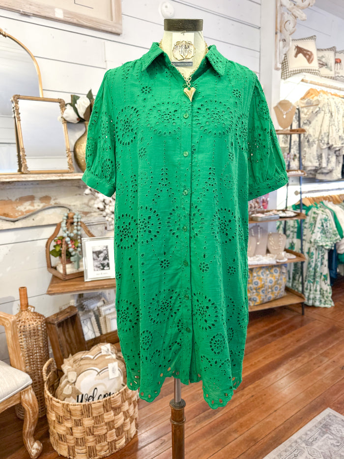green eyelet lace dress button down dress 