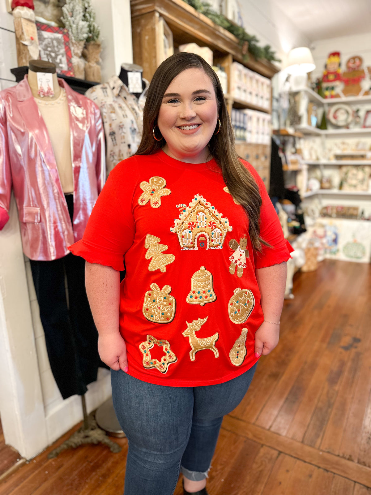layerz clothing red basic top with ruffle sleeves and gingerbread embroidery details