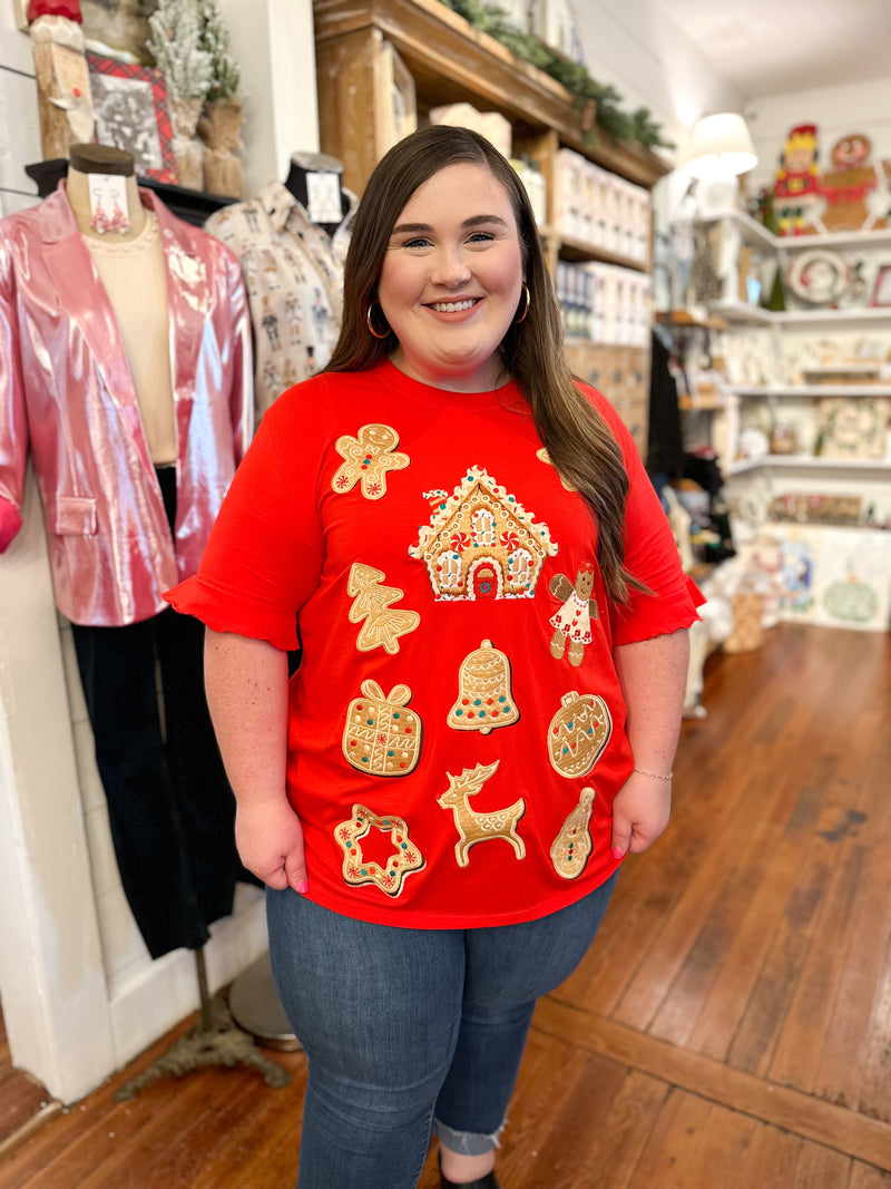 layerz clothing red basic top with ruffle sleeves and gingerbread embroidery details