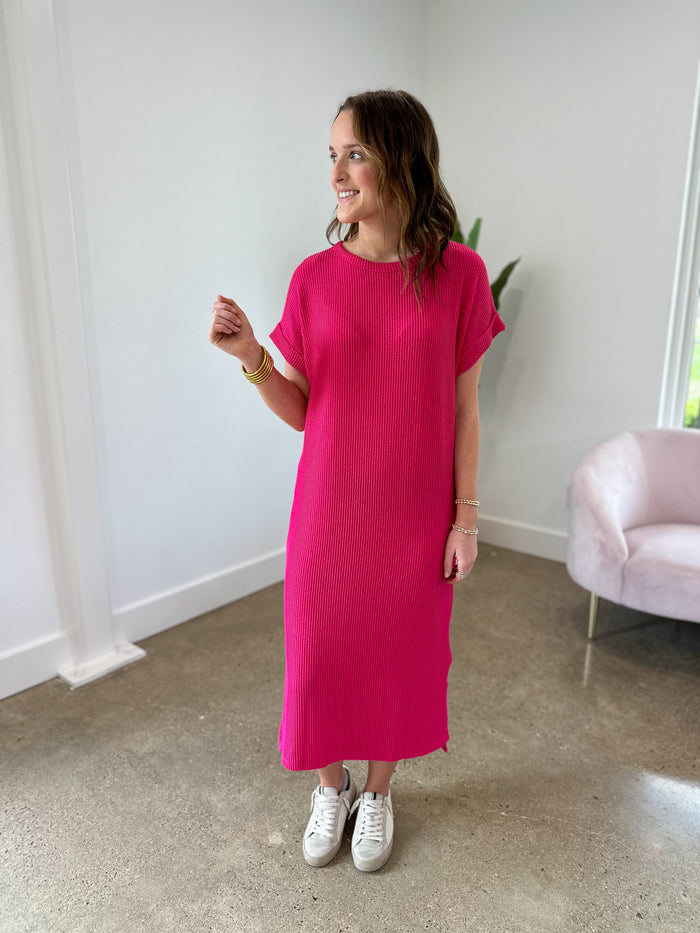 pink ribbed midi dress with rolled sleeevs