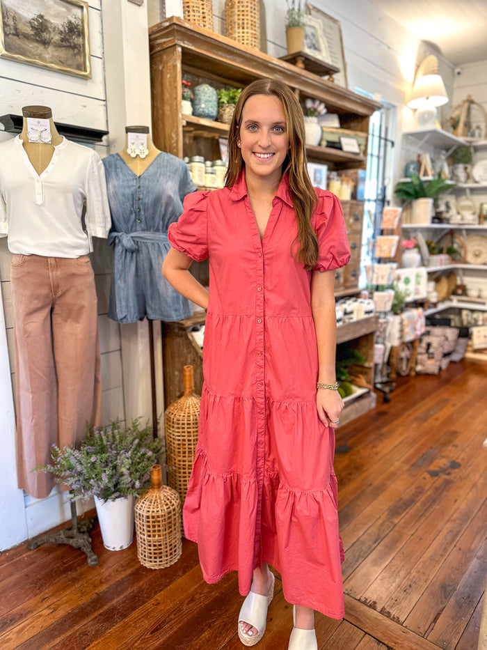 pink maxi dress with buttons