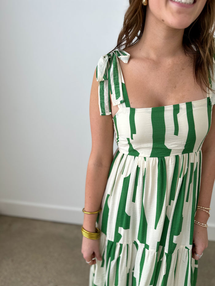 green and white tie strap dress 