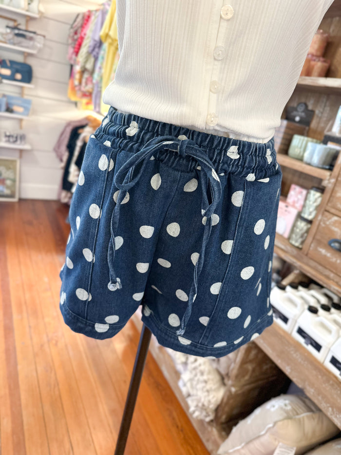 denim polka dot shorts 

