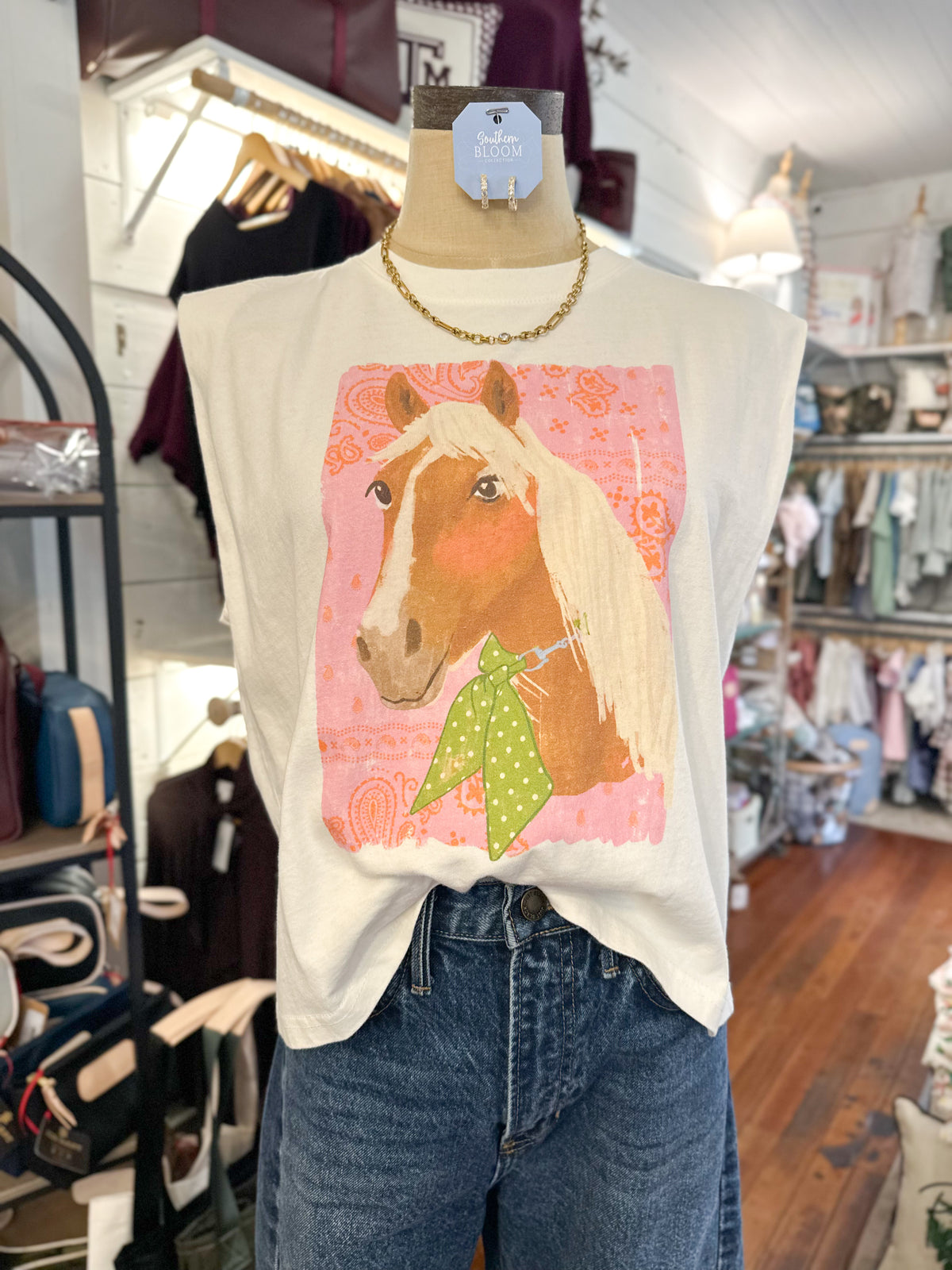 poppy pine horse tank top on white tee